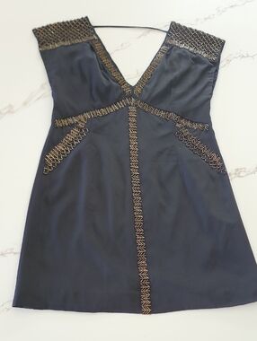 Free People Beaded Mini Dress Size 6 Black Gold Embellished V Neck Cocktail Boho